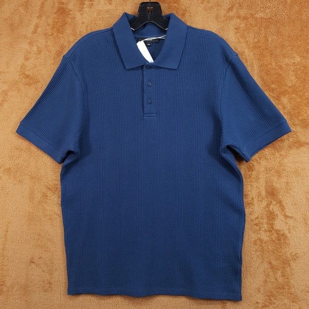 VINCE Polo Shirt Mens Medium Blue Short Sleeve Rib Varigated Textured Knit $165